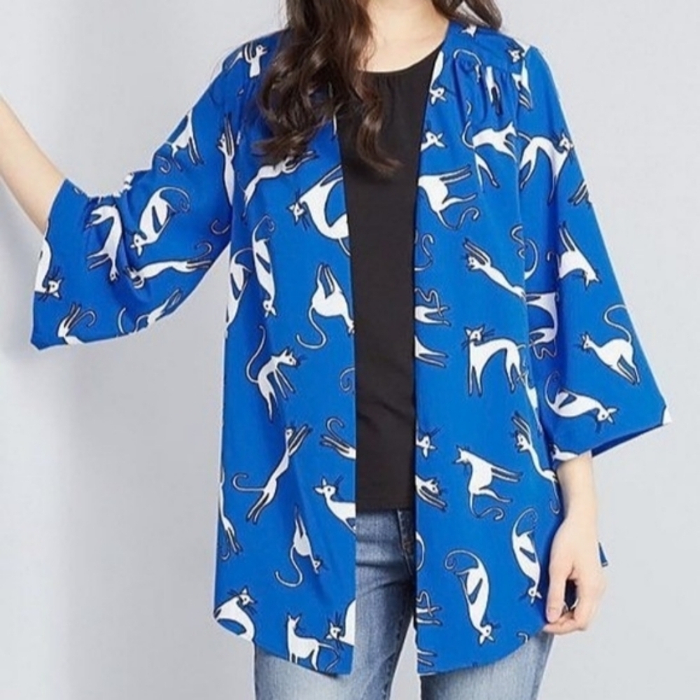 Modcloth S/M Blue White Cat Print Breezy Bliss Kimono Cover-up Silky Blouse